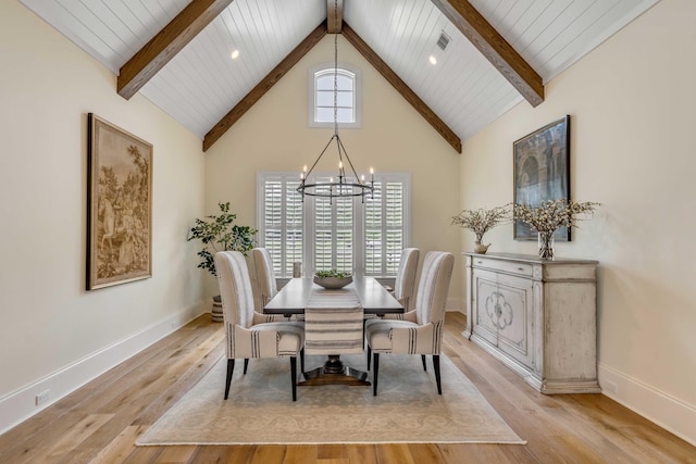 dining room featuring high vaulted ceiling, plenty of natural light, and light hardwood / wood-style flooring