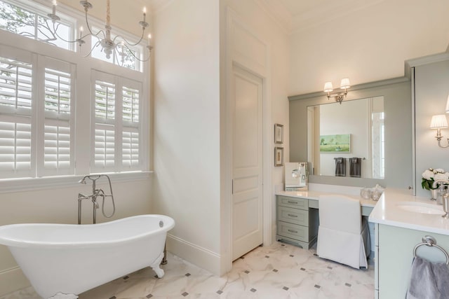 bathroom featuring a tub to relax in, vanity, and crown molding