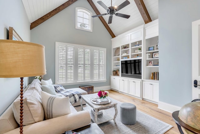 living room featuring ceiling fan, light wood-type flooring, beamed ceiling, and high vaulted ceiling