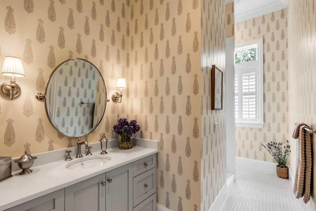 bathroom featuring vanity, tile patterned flooring, and crown molding