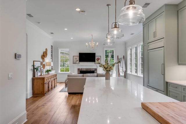 living room featuring crown molding and light hardwood / wood-style floors