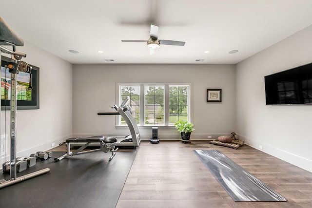 workout area with ceiling fan and hardwood / wood-style floors