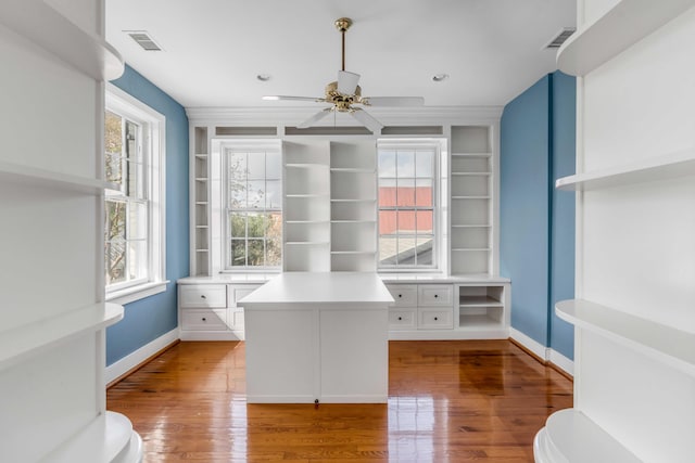 unfurnished office with plenty of natural light, wood-type flooring, and ceiling fan