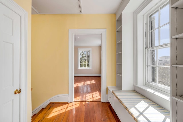 52 Hasell St, Charleston, SC 29401 - hallway featuring attic access, wood-type flooring, and baseboards