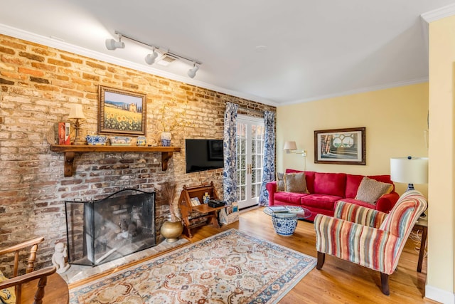 52 Hasell St, Charleston, SC 29401 - living room with wood finished floors, a fireplace, track lighting, and crown molding