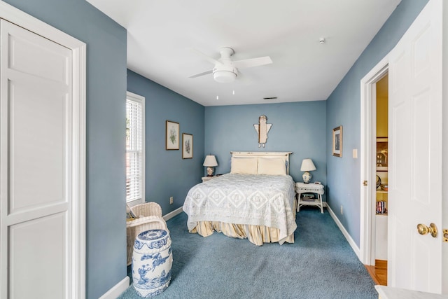 bedroom featuring carpet and ceiling fan