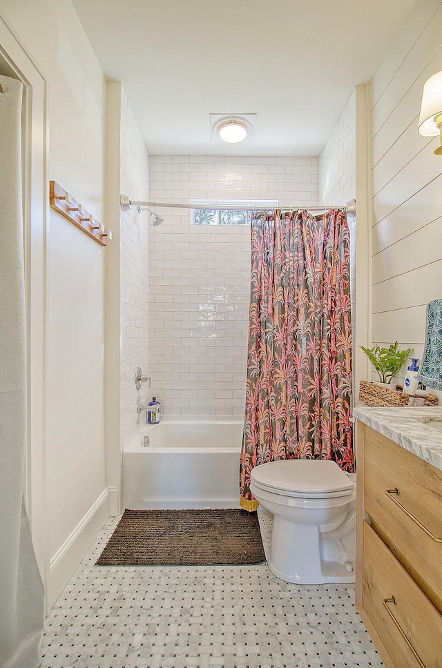 full bathroom featuring toilet, vanity, shower / bathtub combination with curtain, and wood walls