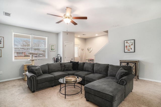 134 Alma Dr, Ladson, SC 29456 - living area with recessed lighting, visible vents, a ceiling fan, light carpet, and baseboards