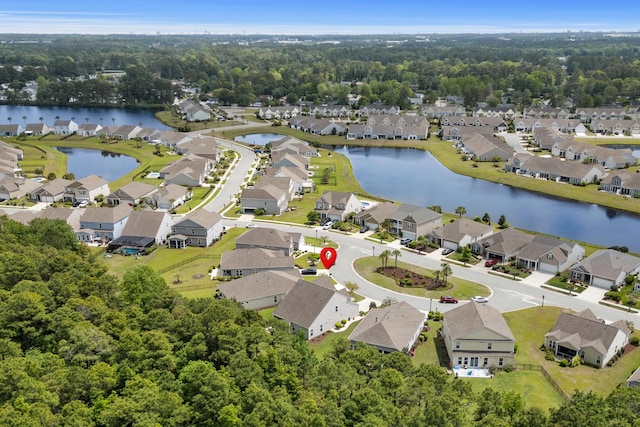 aerial view with a water view and a residential view