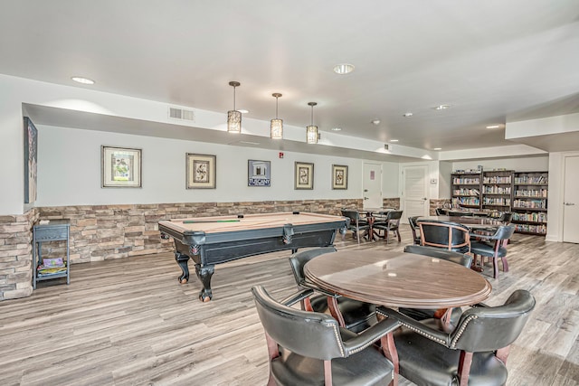 rec room featuring wainscoting, recessed lighting, billiards, wood finished floors, and visible vents