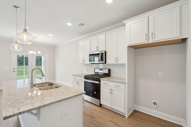 kitchen featuring white cabinetry, stainless steel appliances, sink, and an island with sink