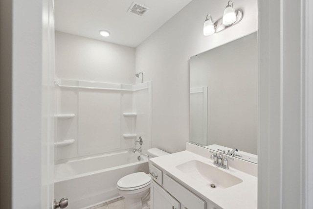 full bath with bathing tub / shower combination, visible vents, toilet, vanity, and tile patterned flooring