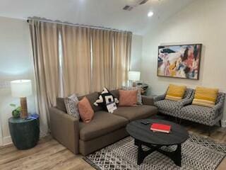 living room featuring lofted ceiling and light wood-type flooring