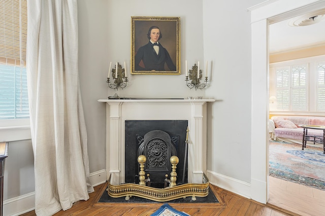 interior details featuring a fireplace with flush hearth, baseboards, and wood finished floors