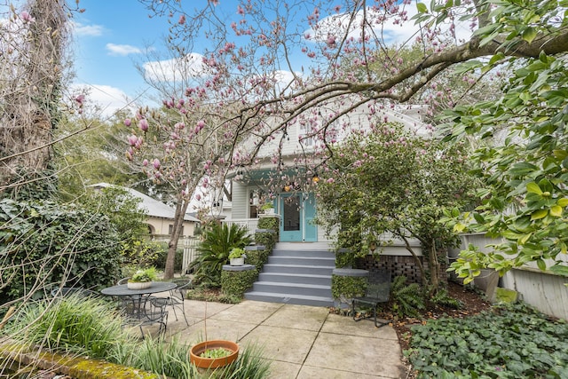 view of property hidden behind natural elements featuring a patio and fence