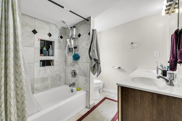 full bathroom with tile patterned flooring, vanity, toilet, and shower / bath combination with curtain