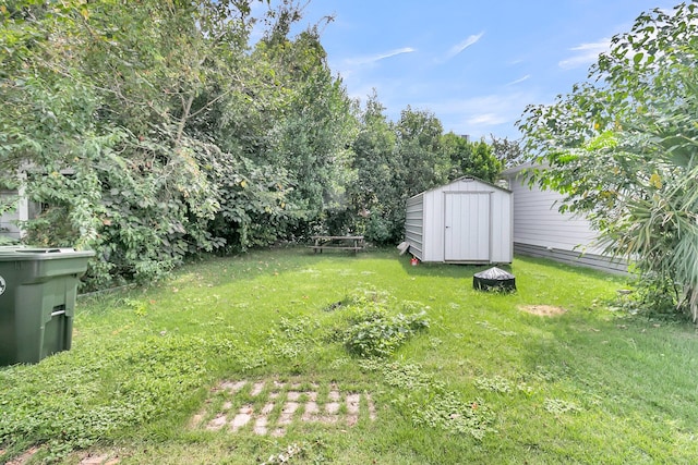 view of yard featuring a storage shed