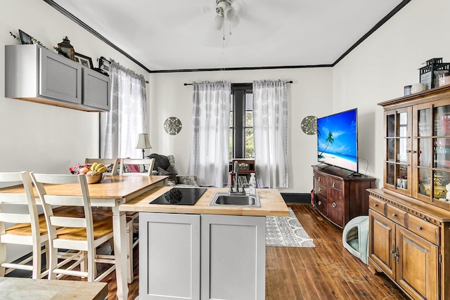 kitchen featuring gray cabinets, dark wood-type flooring, sink, crown molding, and ceiling fan