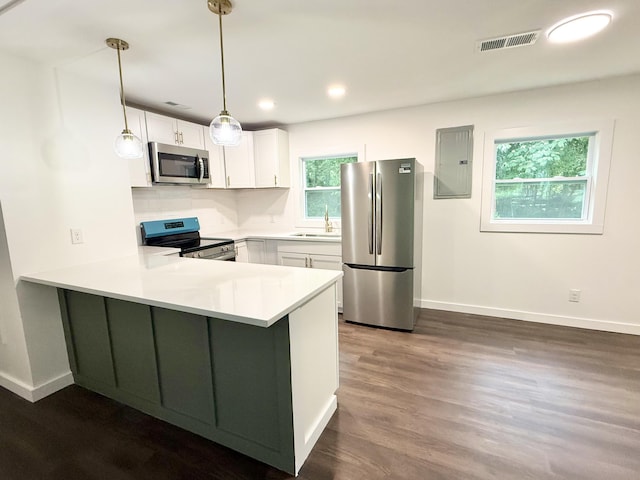 208 Orange St, Walterboro, SC 29488 - kitchen with appliances with stainless steel finishes, electric panel, a sink, a peninsula, and white cabinets