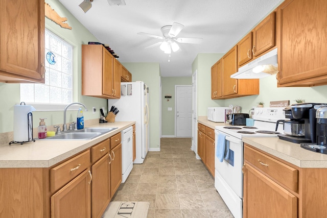 kitchen with ceiling fan, white appliances, sink, and a textured ceiling