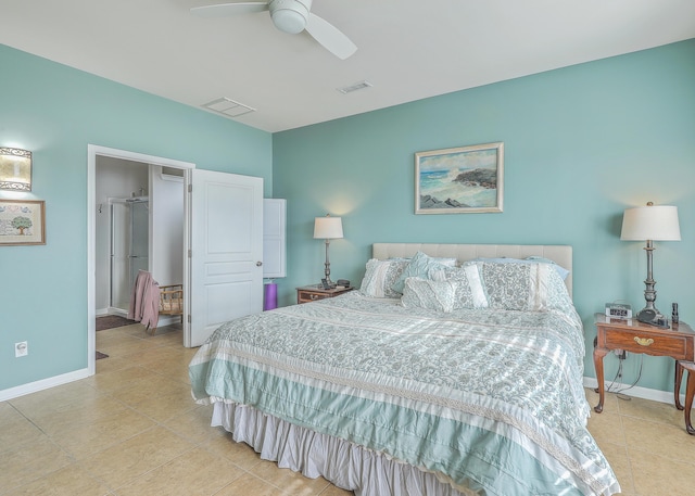 tiled bedroom with a spacious closet and ceiling fan