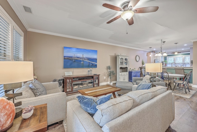 living room featuring sink, ceiling fan, hardwood / wood-style flooring, and crown molding