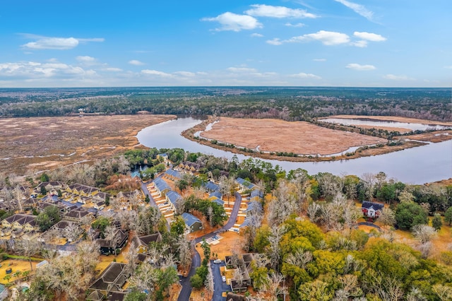 drone / aerial view with a water view