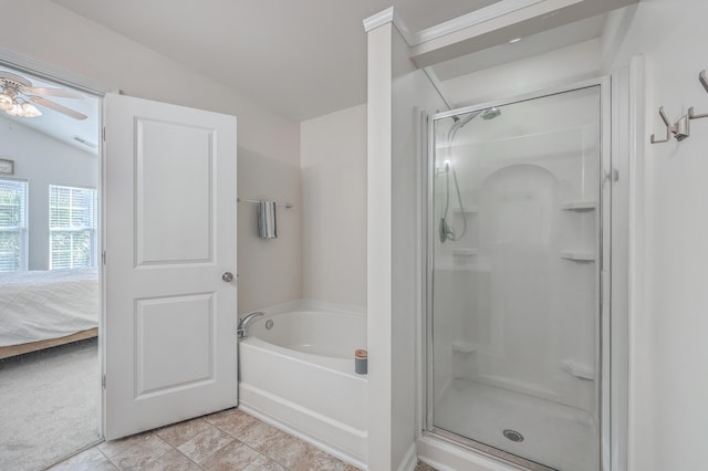 bathroom with tile patterned flooring, vaulted ceiling, ceiling fan, and plus walk in shower