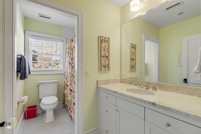 full bath with toilet, tile patterned flooring, visible vents, and vanity