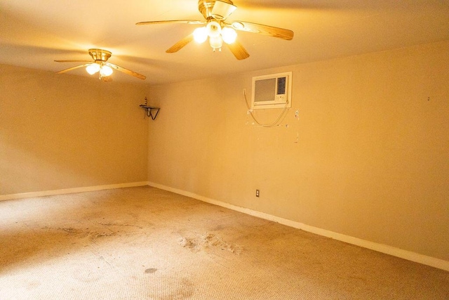 unfurnished room featuring carpet floors, a wall mounted AC, and ceiling fan