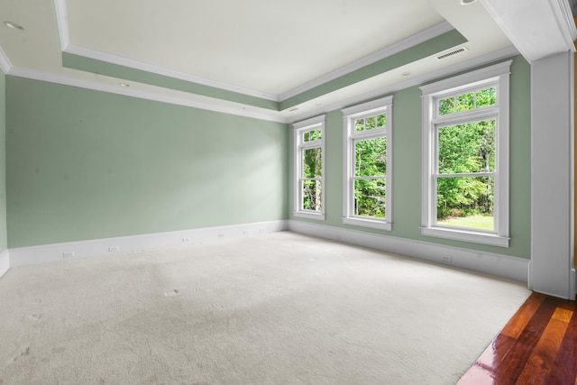 spare room with crown molding, a tray ceiling, visible vents, and a healthy amount of sunlight