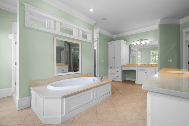 full bath featuring vanity, baseboards, ornamental molding, tile patterned flooring, and a bath