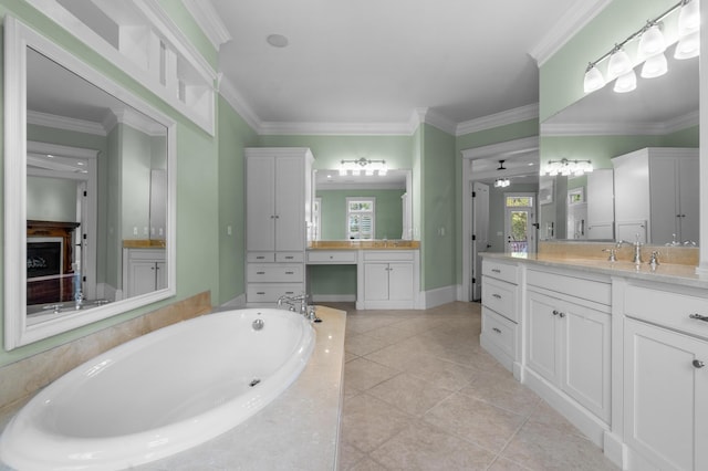 full bathroom with tile patterned flooring, a bath, a sink, and crown molding