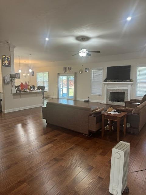 living room featuring ceiling fan, dark hardwood / wood-style flooring, and radiator heating unit