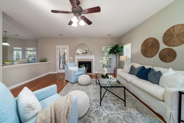 living room featuring wood-type flooring, plenty of natural light, and ceiling fan