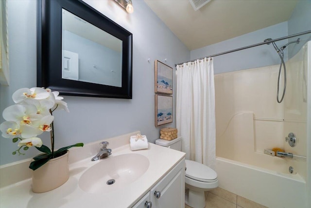 full bathroom featuring tile patterned floors, toilet, shower / tub combo, and vanity