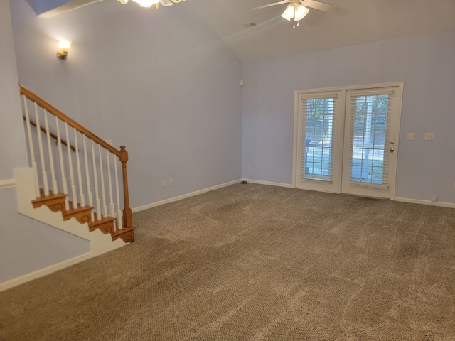 unfurnished living room with carpet floors, ceiling fan, and lofted ceiling