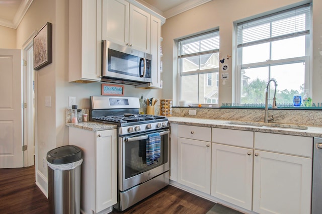 kitchen with white cabinets, stainless steel appliances, crown molding, dark hardwood / wood-style floors, and sink