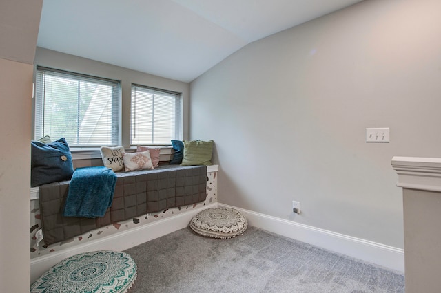 bedroom with vaulted ceiling and carpet