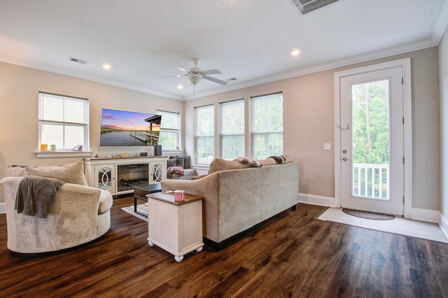 living room featuring dark hardwood / wood-style flooring, ceiling fan, and a wealth of natural light