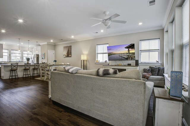 living room featuring ornamental molding, dark wood-type flooring, ceiling fan, and a wealth of natural light