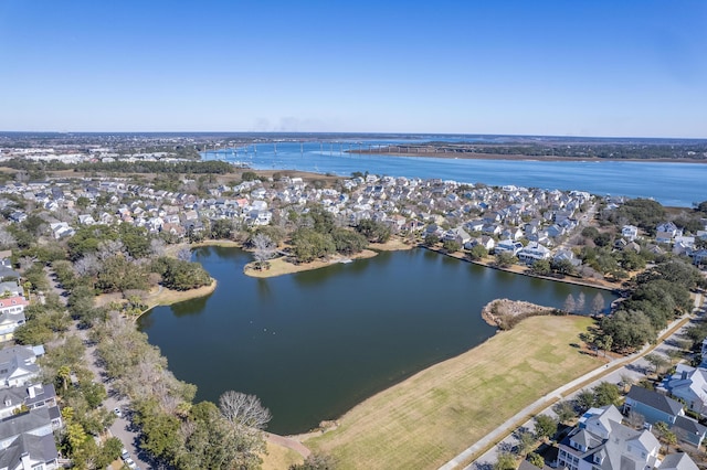 aerial view featuring a water view and a residential view