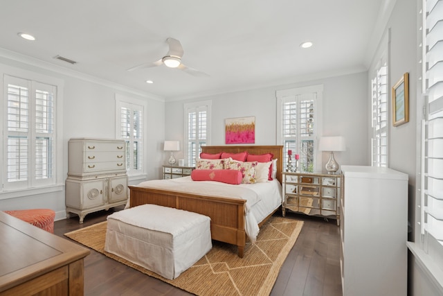 137 Bratton Cir, Mount Pleasant, SC 29464 - bedroom with ornamental molding, recessed lighting, dark wood-style flooring, and a ceiling fan
