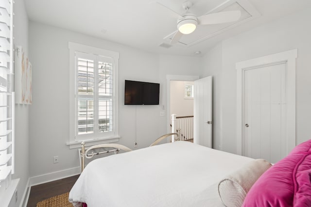 137 Bratton Cir, Mount Pleasant, SC 29464 - bedroom featuring attic access, dark wood-style flooring, baseboards, and a ceiling fan
