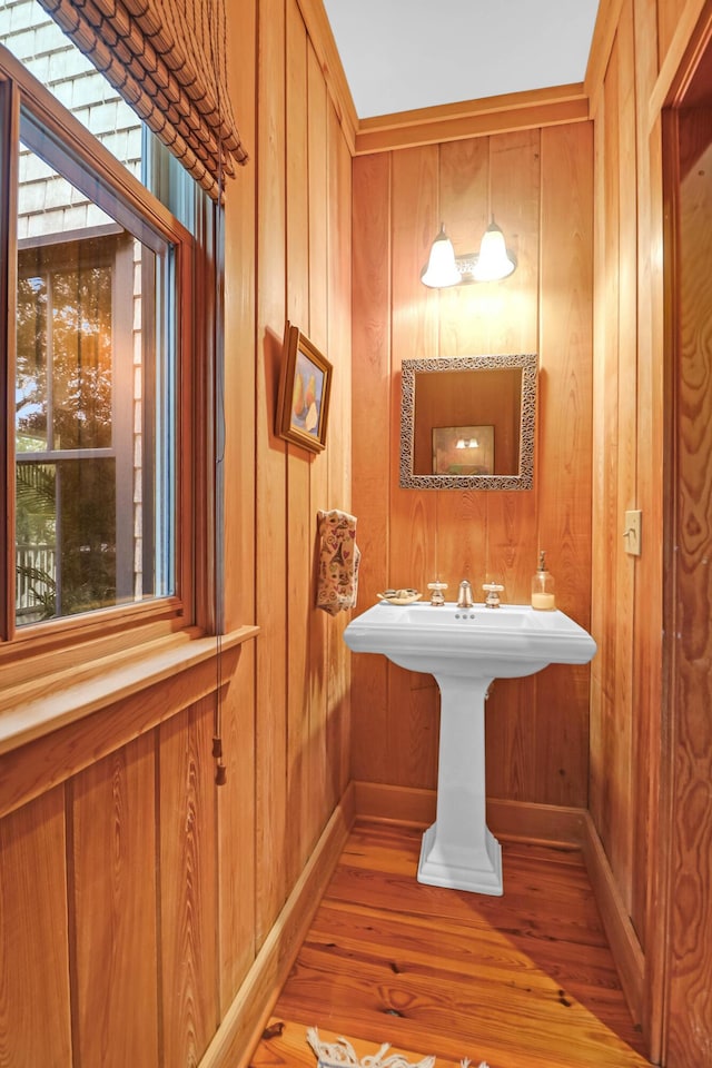 bathroom featuring plenty of natural light, wooden walls, baseboards, and wood finished floors