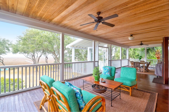 sunroom / solarium featuring ceiling fan and wood ceiling