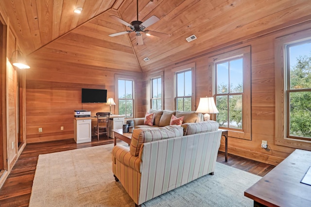 living room with a wealth of natural light and wood walls