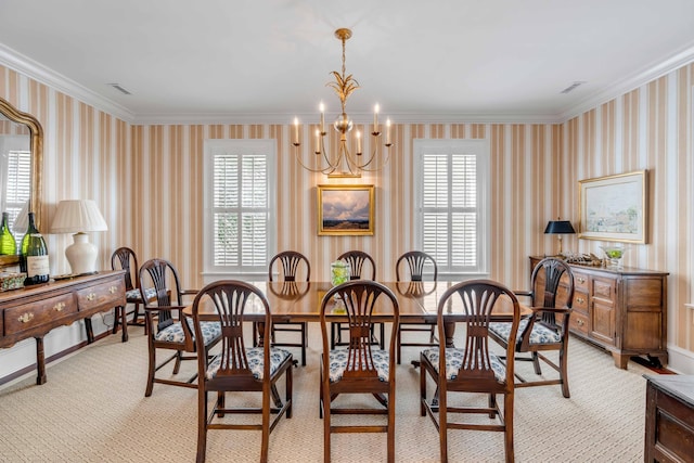 dining area featuring ornamental molding, a notable chandelier, wallpapered walls, and visible vents