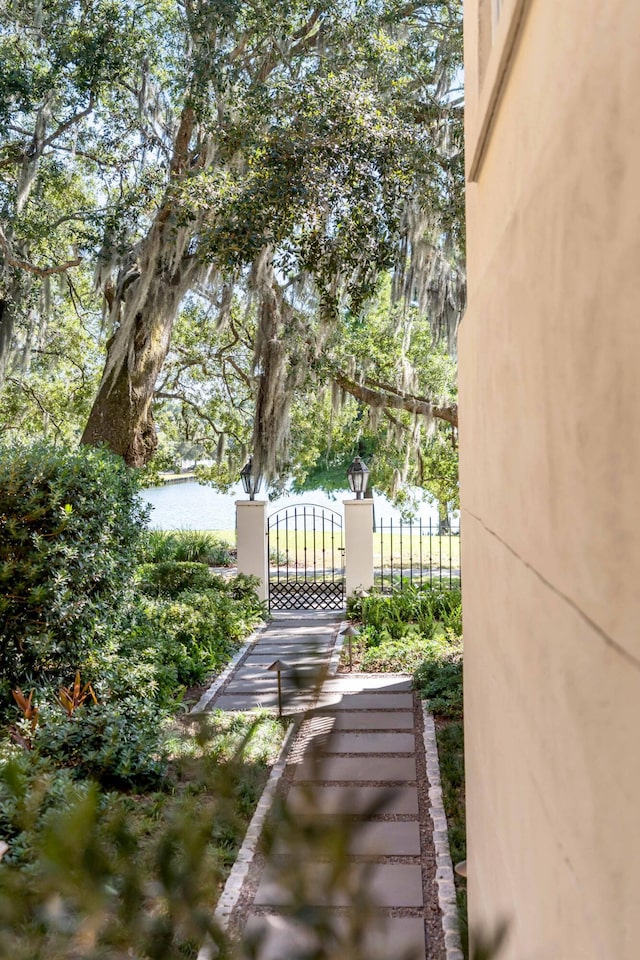 view of yard with fence, a gate, and a water view