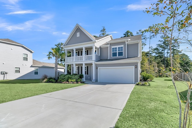 view of front facade featuring a balcony, a front lawn, and a garage